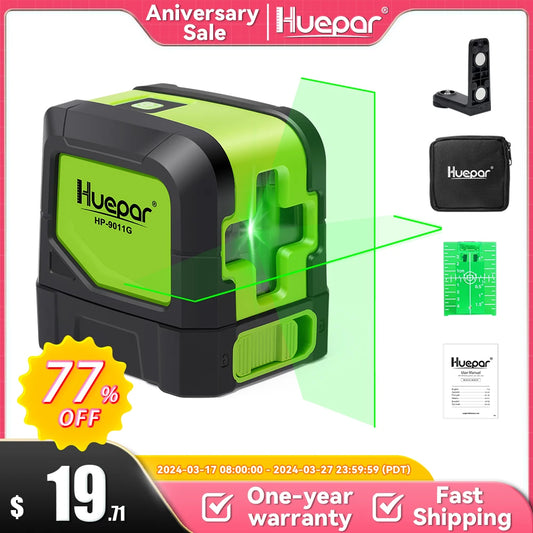 Huepar 2 Lines Laser Level Self Levelling ( 4 degrees) Green Red Beam Laser Horizontal & Vertical Cross-Line with Magnetic Base