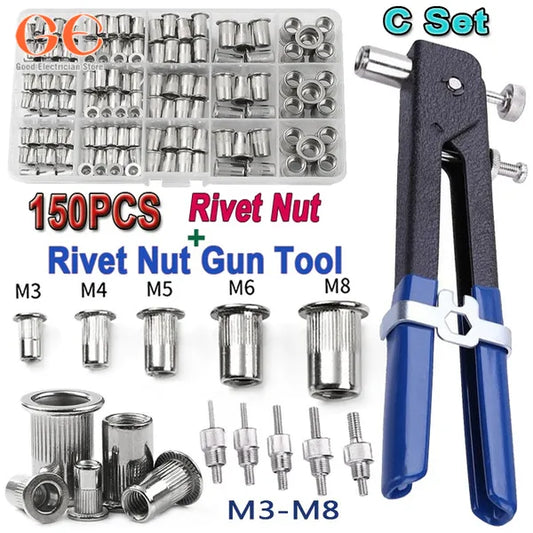 150PCS Rivet Nuts Gun Mandrel Kit M3/M4/M5/M6/M8 or Nut Rivet Mandrels Repairtool Rivetgun Flatheadscrew Pop Nut Rivet Gun Set