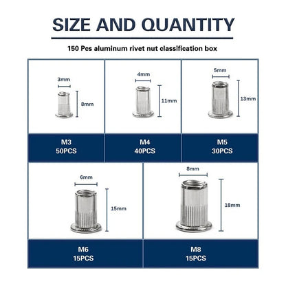 150PCS Rivet Nuts Gun Mandrel Kit M3/M4/M5/M6/M8 or Nut Rivet Mandrels Repairtool Rivetgun Flatheadscrew Pop Nut Rivet Gun Set